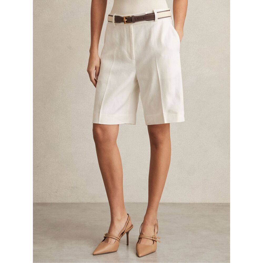 Reiss Women's White Devon Linen Blend Flat Front Bermuda Shorts Size 14 NWOT - Picture 3 of 12